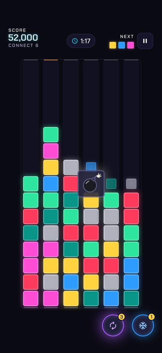 A bomb goes off on a 6-column board and blasts the 3×3 area of tiles around it.