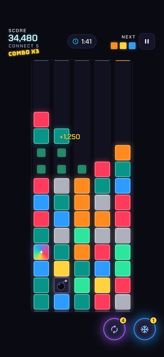 Falling Tiles gameplay: groups of one color clear in a chain on a 5-column board, Combo x3.