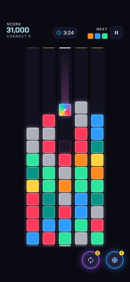 A rainbow tile falls toward its landing spot. A rainbow counts as any color in a group.